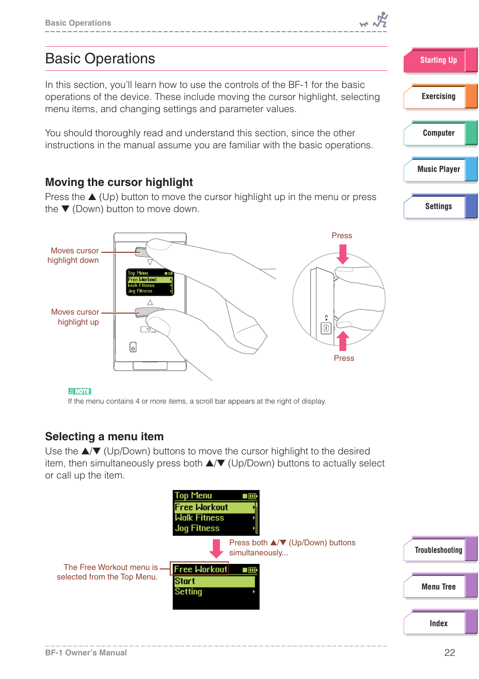 Basic operations, Moving the cursor highlight, Selecting a menu item | Yamaha BODiBEAT BF-1 User Manual | Page 22 / 88