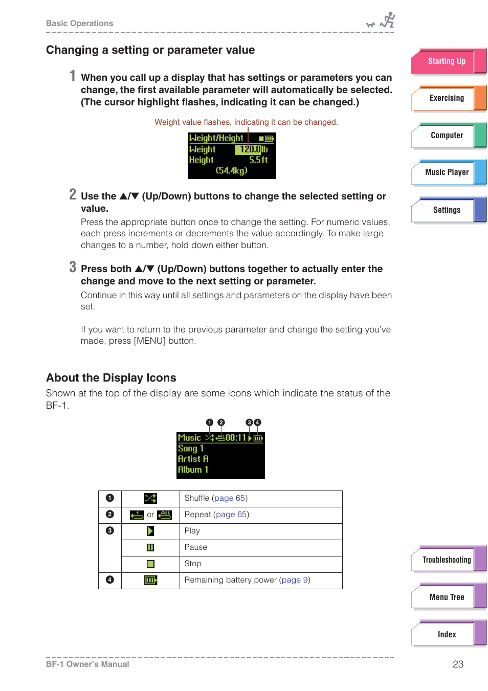 Changing a setting or parameter value, About the display icons | Yamaha BODiBEAT BF-1 User Manual | Page 23 / 88