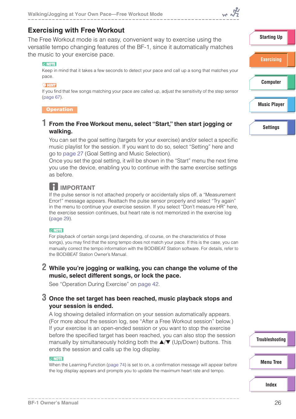 Exercising with free workout | Yamaha BODiBEAT BF-1 User Manual | Page 26 / 88