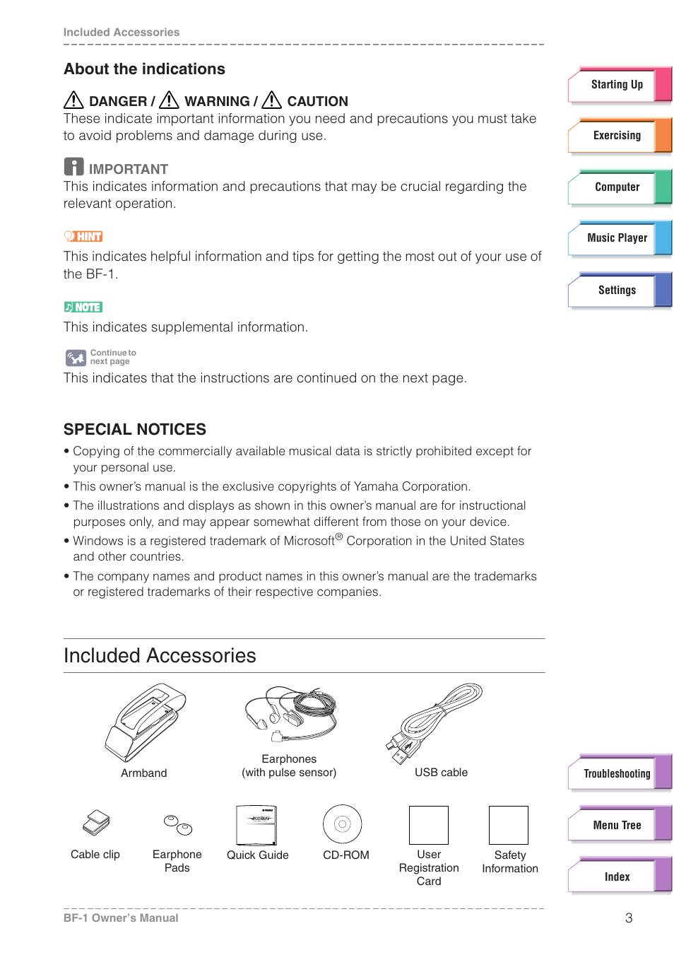 Included accessories, About the indications, Special notices | Yamaha BODiBEAT BF-1 User Manual | Page 3 / 88