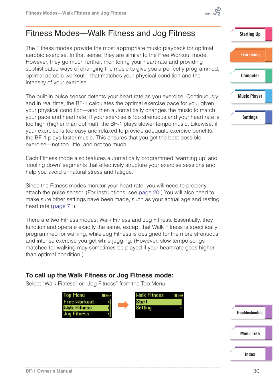 Fitness modes-walk fitness and jog fitness, Fitness modes—walk fitness and jog fitness | Yamaha BODiBEAT BF-1 User Manual | Page 30 / 88
