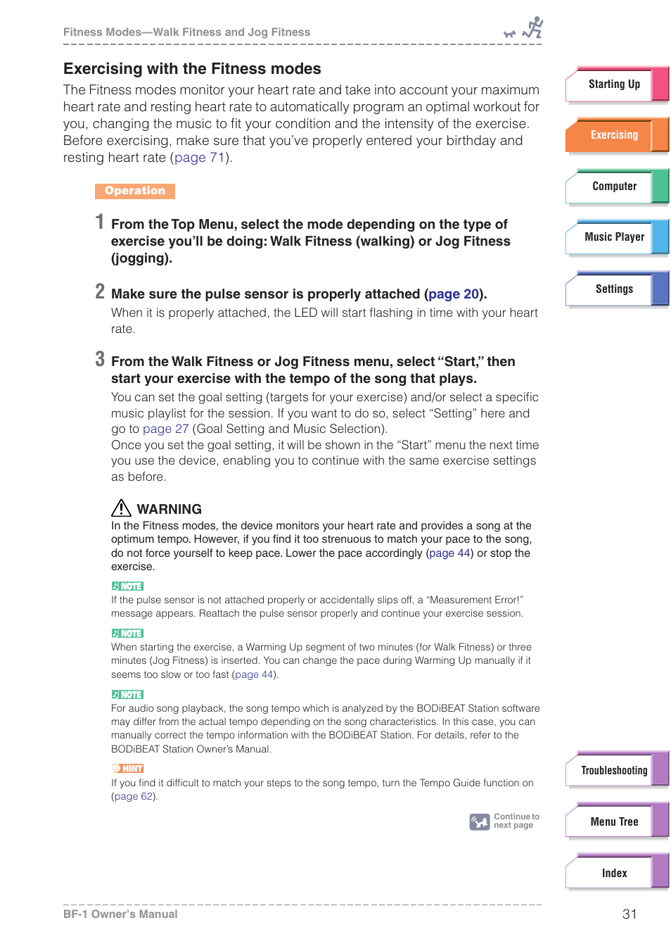 Exercising with the fitness modes | Yamaha BODiBEAT BF-1 User Manual | Page 31 / 88