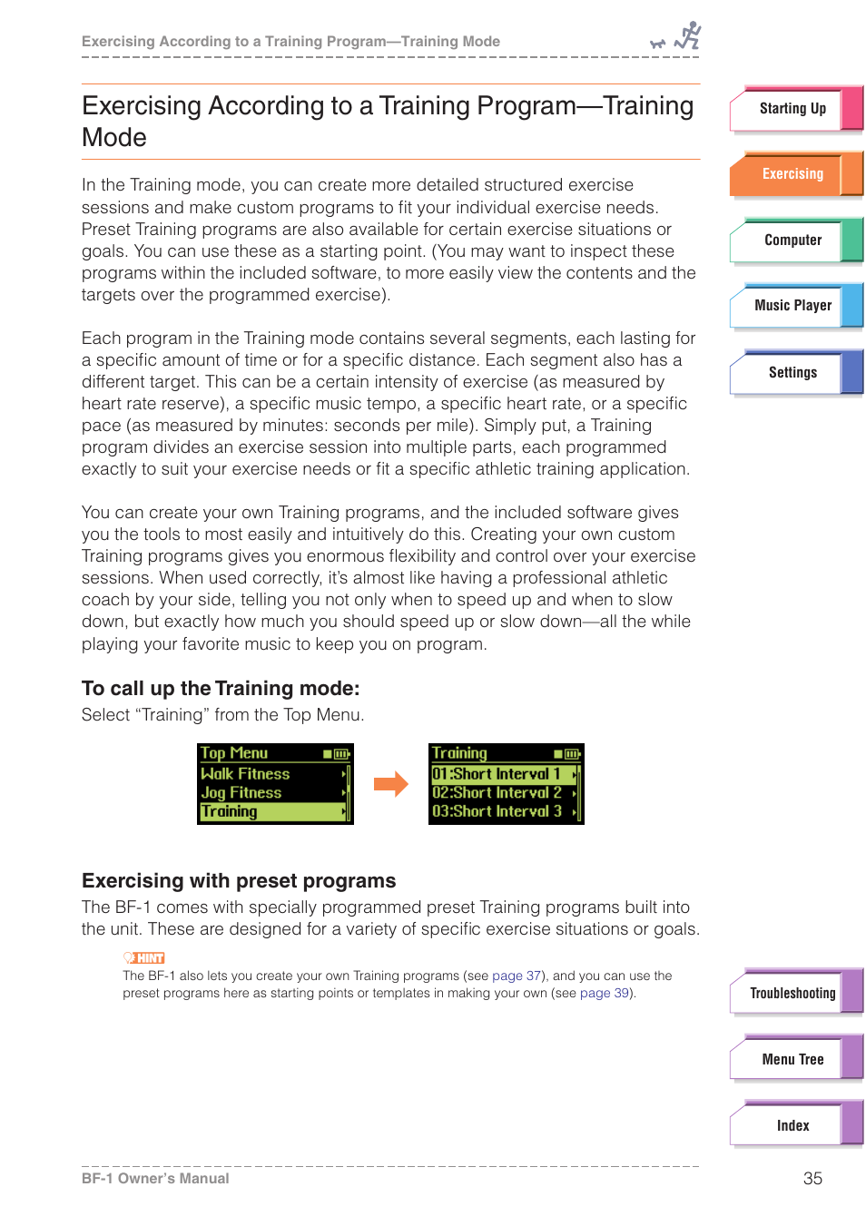 Exercising with preset programs | Yamaha BODiBEAT BF-1 User Manual | Page 35 / 88