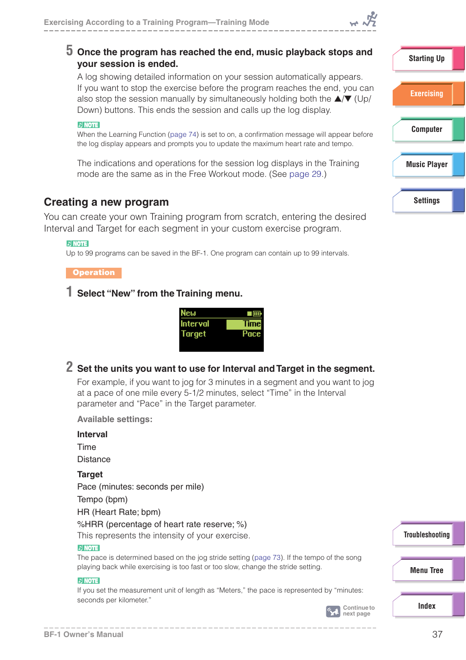 Creating a new program, Ograms (see | Yamaha BODiBEAT BF-1 User Manual | Page 37 / 88