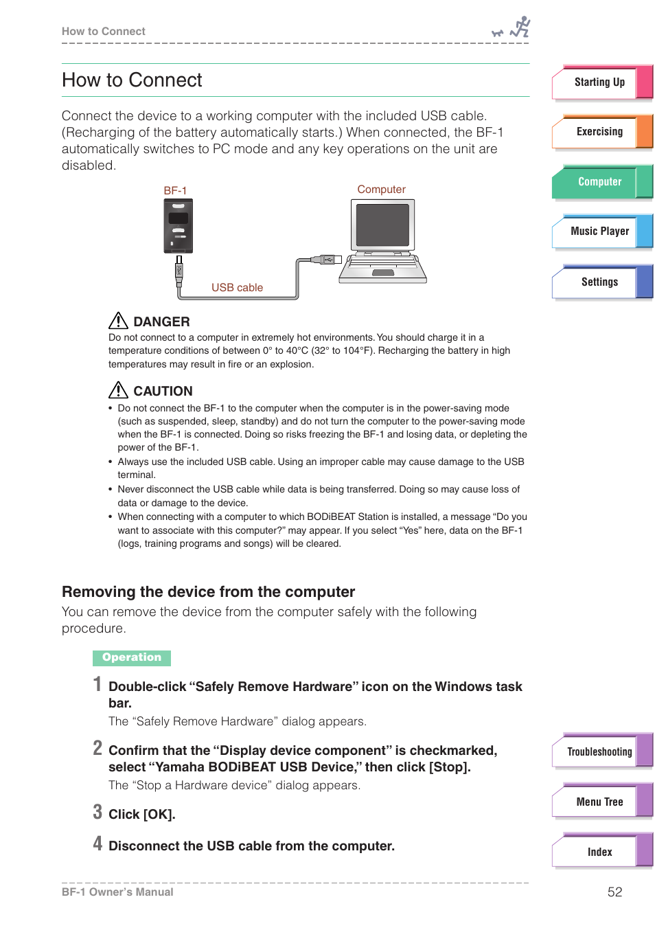 How to connect, Removing the device from the computer, Efer also to | Yamaha BODiBEAT BF-1 User Manual | Page 52 / 88