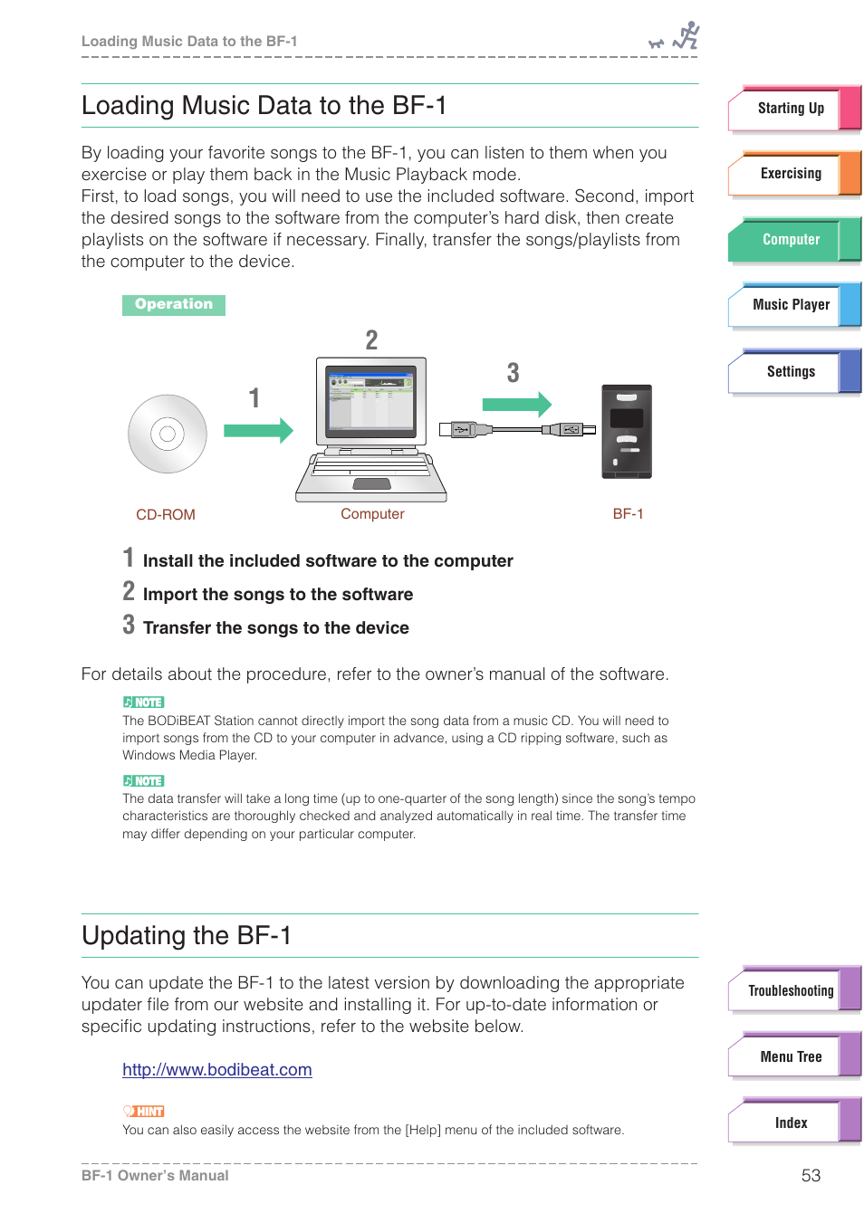 Loading music data to the bf-1, Updating the bf-1 | Yamaha BODiBEAT BF-1 User Manual | Page 53 / 88