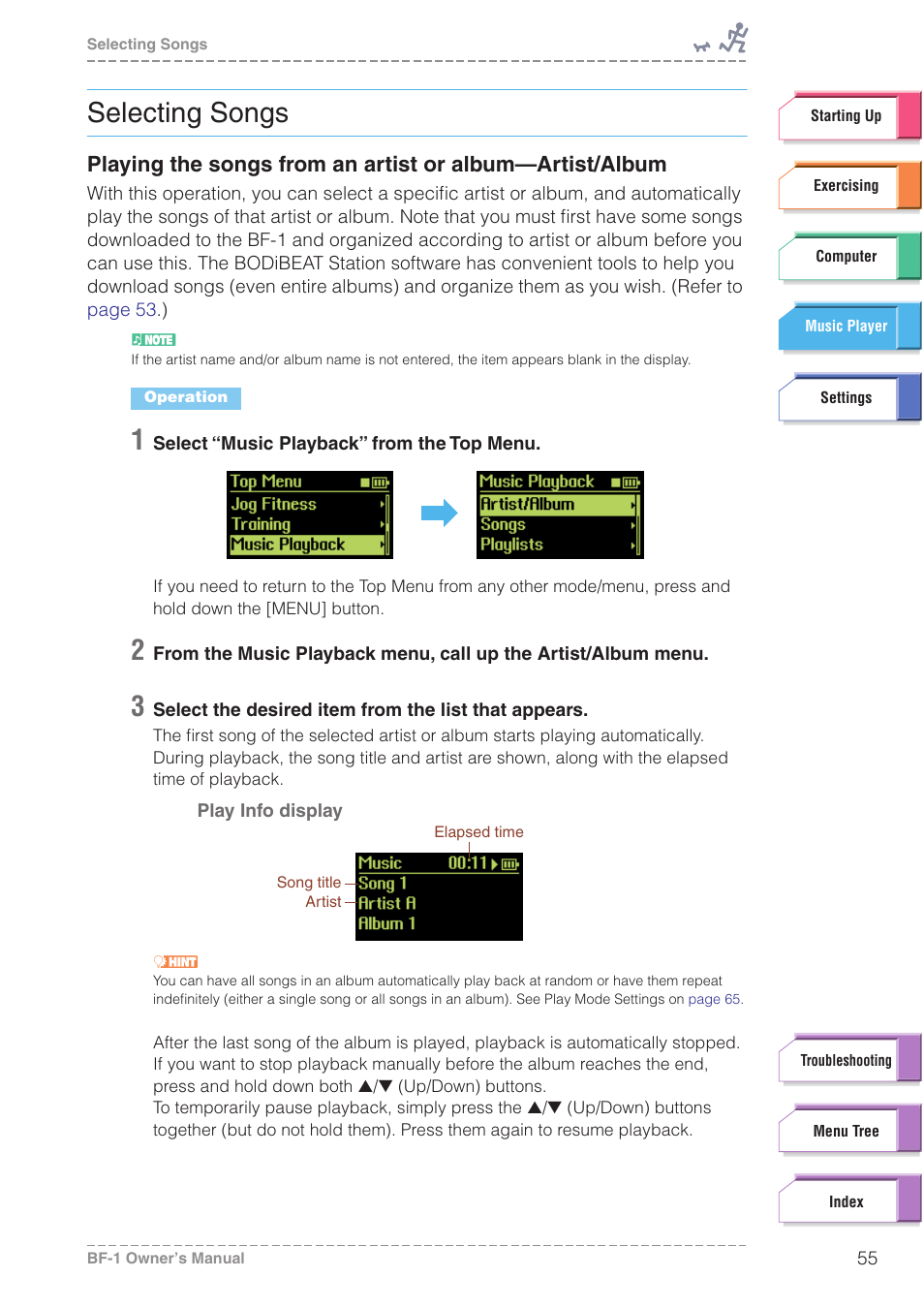 Selecting songs, Tist/album” on | Yamaha BODiBEAT BF-1 User Manual | Page 55 / 88