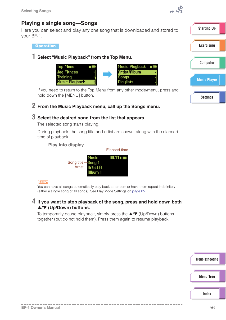 Playing a single song-songs, Playing a single song—songs | Yamaha BODiBEAT BF-1 User Manual | Page 56 / 88