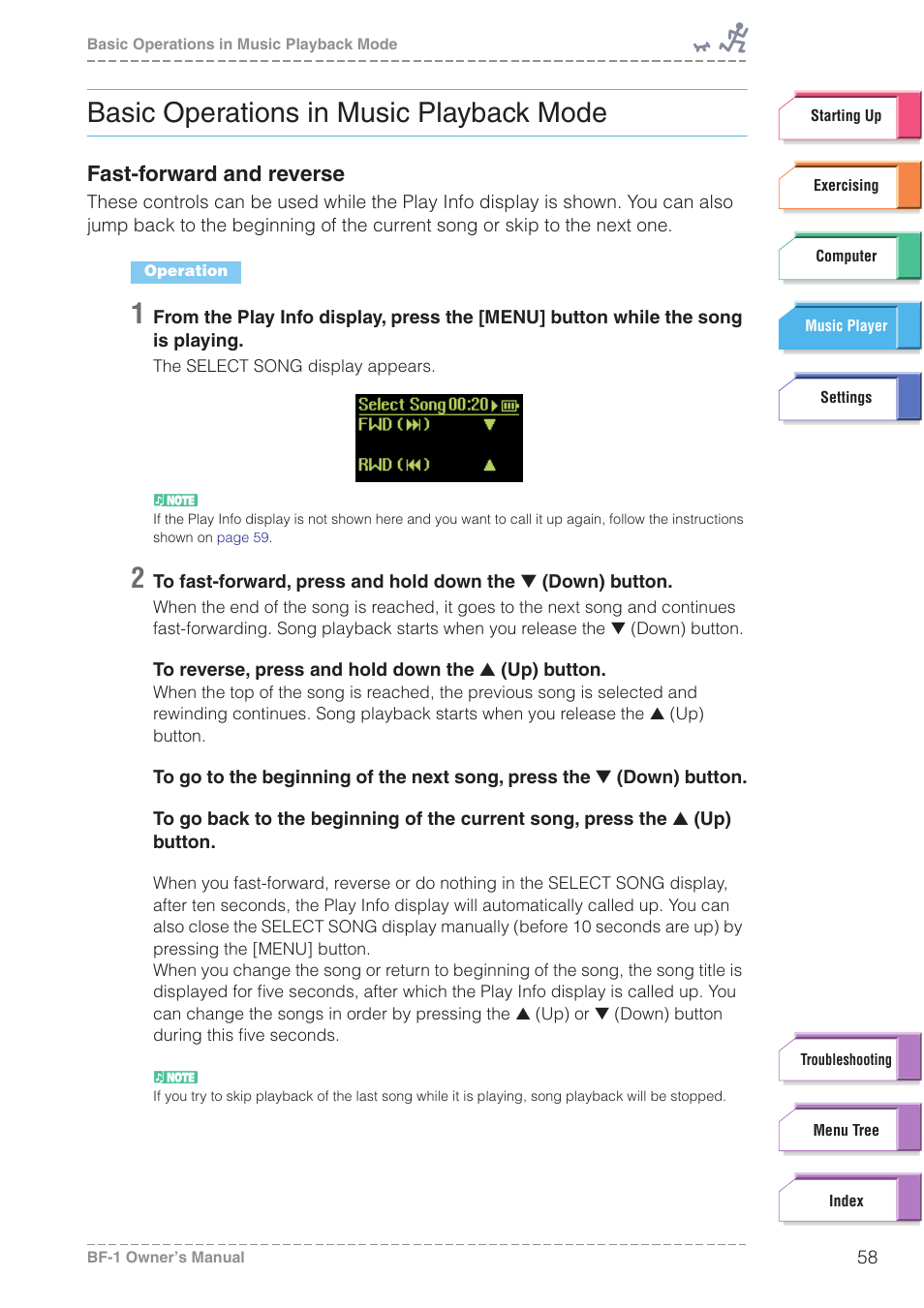 Basic operations in music playback mode, Fast-forward and reverse | Yamaha BODiBEAT BF-1 User Manual | Page 58 / 88