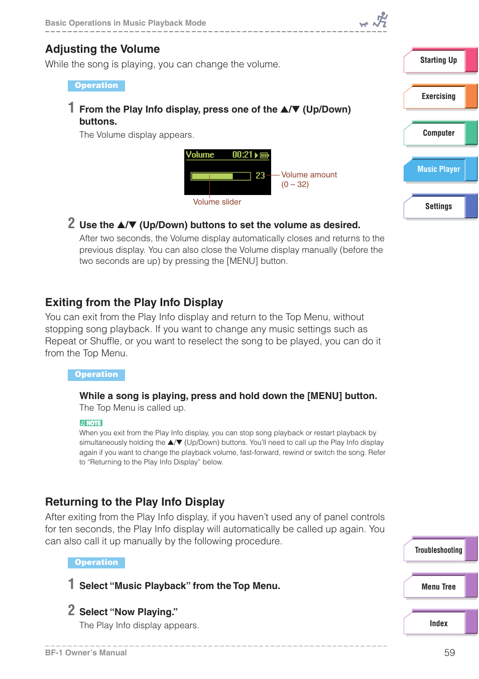 Adjusting the volume, Exiting from the play info display, Returning to the play info display | Yamaha BODiBEAT BF-1 User Manual | Page 59 / 88