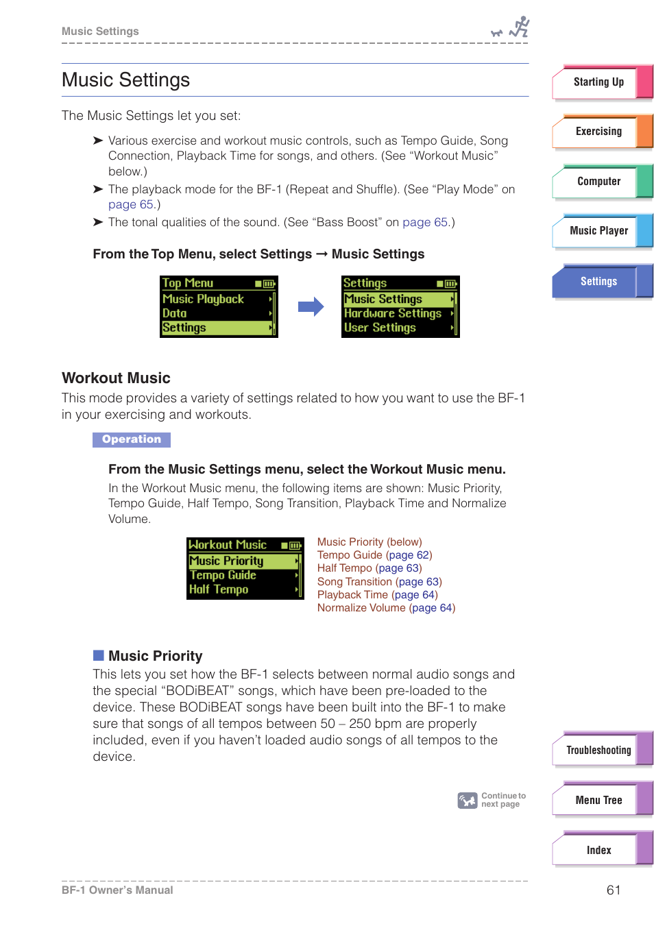 Music settings, Workout music, Is set to “bodibea | Yamaha BODiBEAT BF-1 User Manual | Page 61 / 88