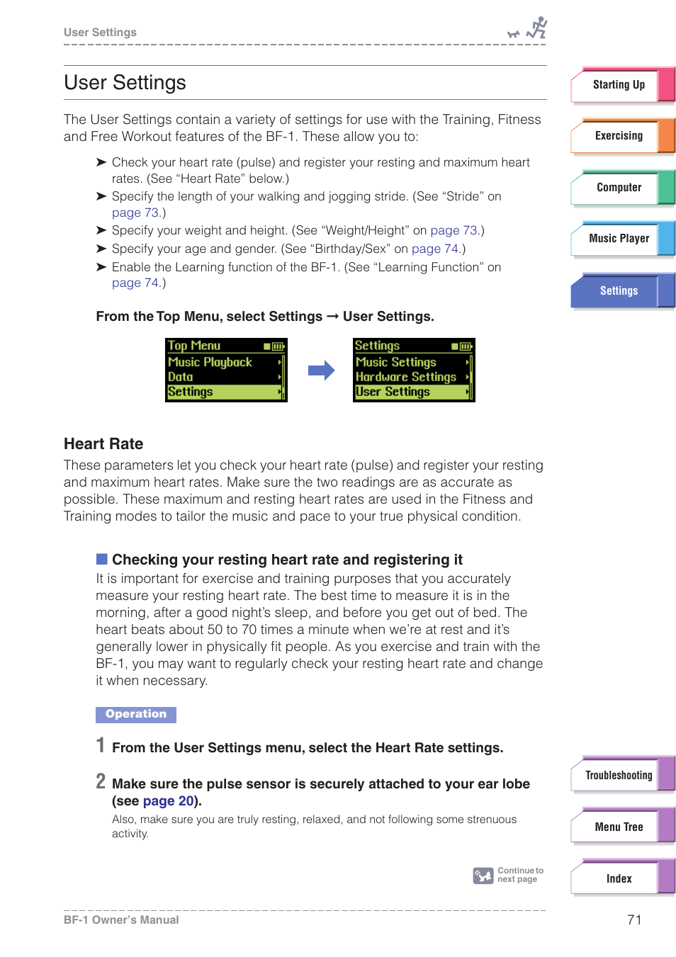 User settings, Heart rate, Pulse sensor | T rate | Yamaha BODiBEAT BF-1 User Manual | Page 71 / 88