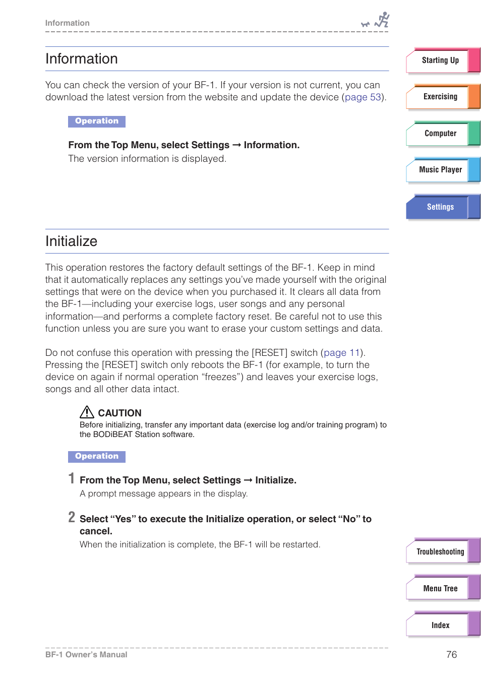 Information, Initialize | Yamaha BODiBEAT BF-1 User Manual | Page 76 / 88