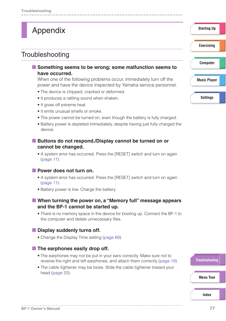 Appendix, Troubleshooting, Oubleshooting on | When you feel the bf-1 doesn | Yamaha BODiBEAT BF-1 User Manual | Page 77 / 88