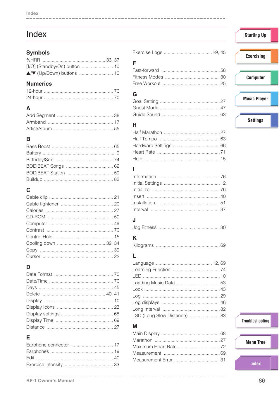 Index | Yamaha BODiBEAT BF-1 User Manual | Page 86 / 88