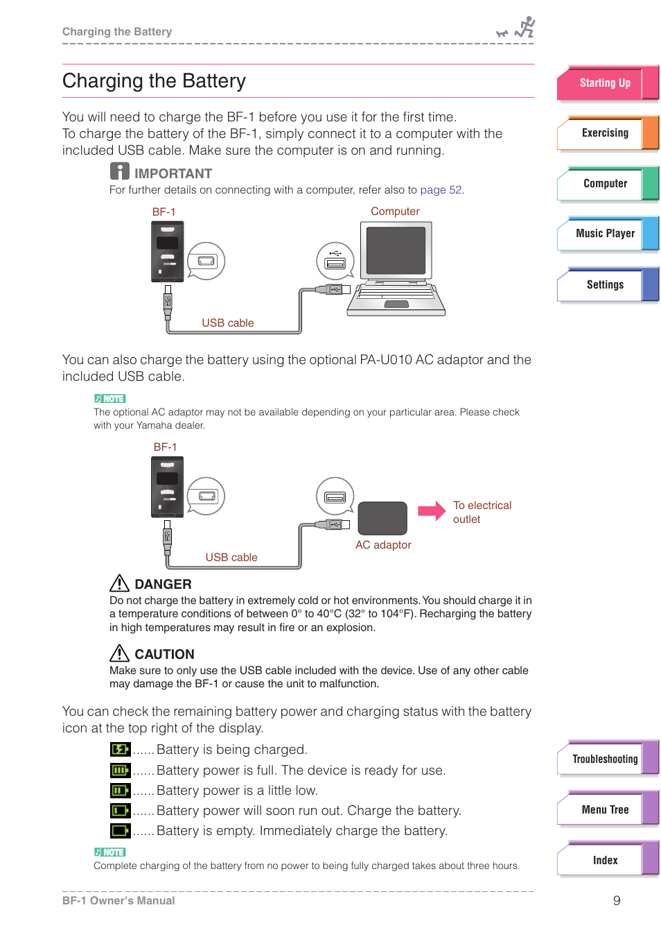 Charging the battery | Yamaha BODiBEAT BF-1 User Manual | Page 9 / 88