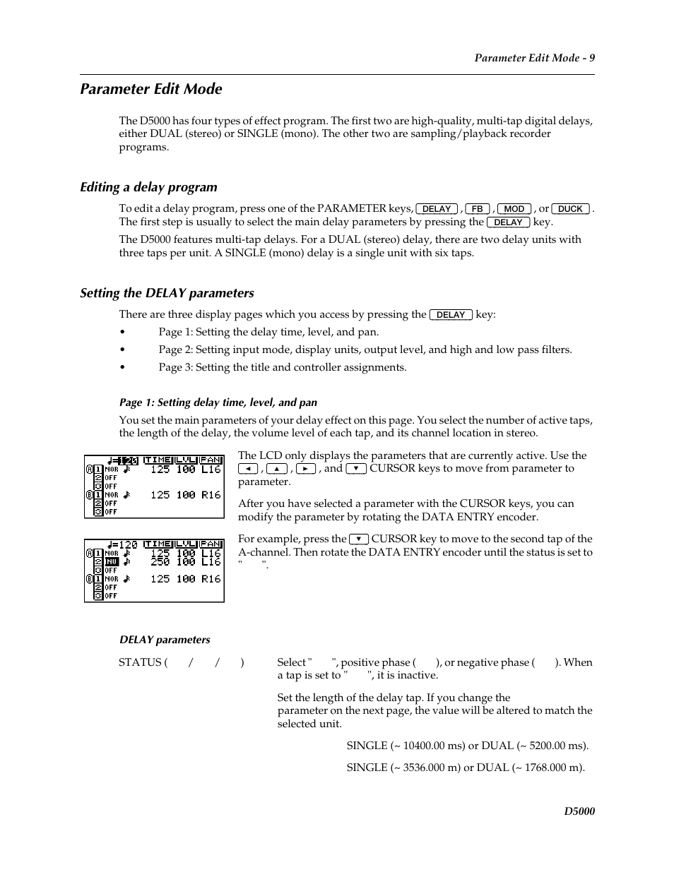 Parameter edit mode, Editing a delay program, Setting the delay parameters | Yamaha D5000 User Manual | Page 11 / 42