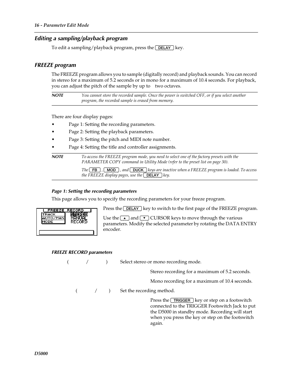 Editing a sampling/playback program, Freeze program | Yamaha D5000 User Manual | Page 18 / 42