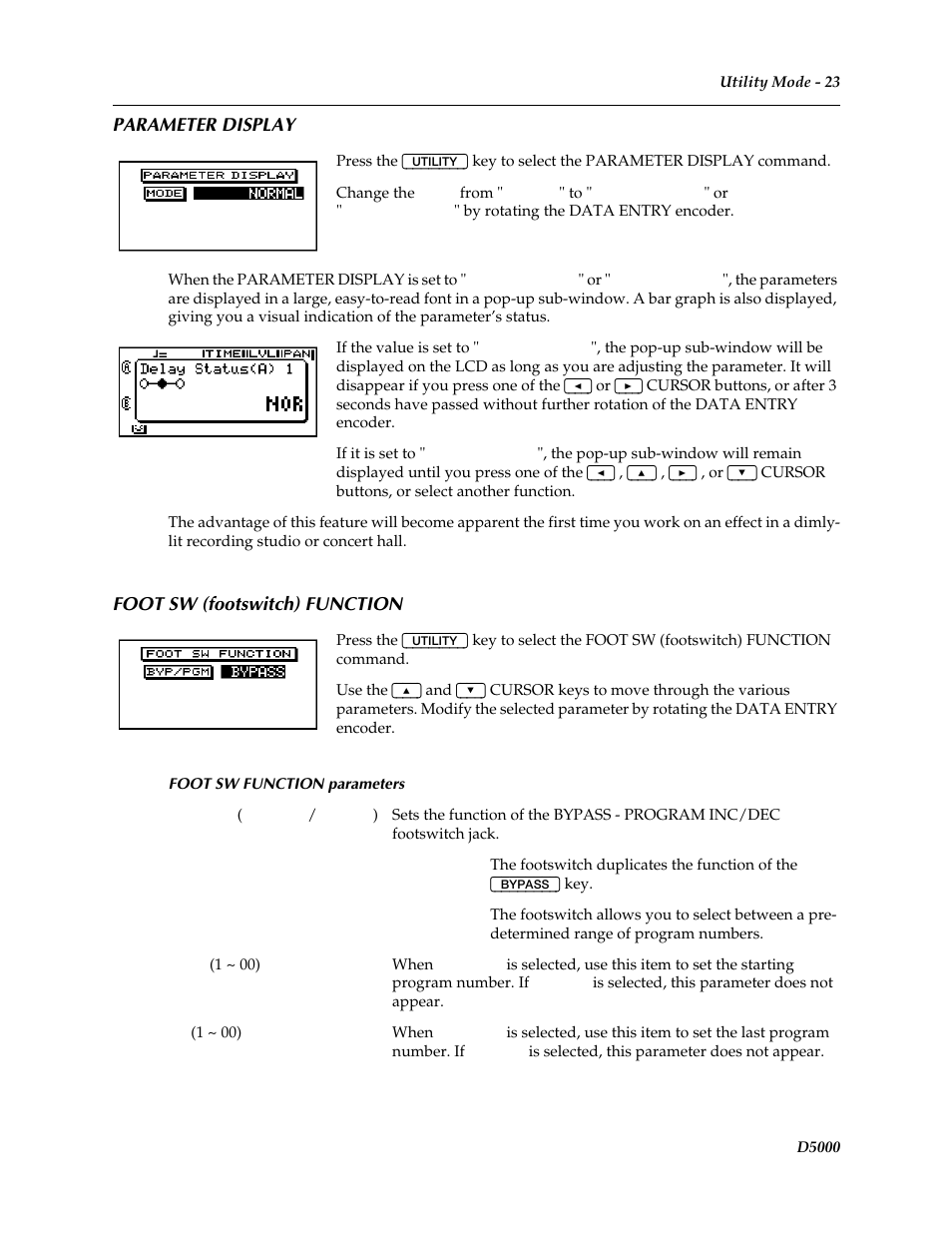 Parameter display foot sw (footswitch) function | Yamaha D5000 User Manual | Page 25 / 42