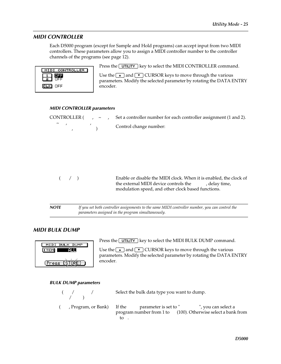 Midi controller, Midi bulk dump | Yamaha D5000 User Manual | Page 27 / 42