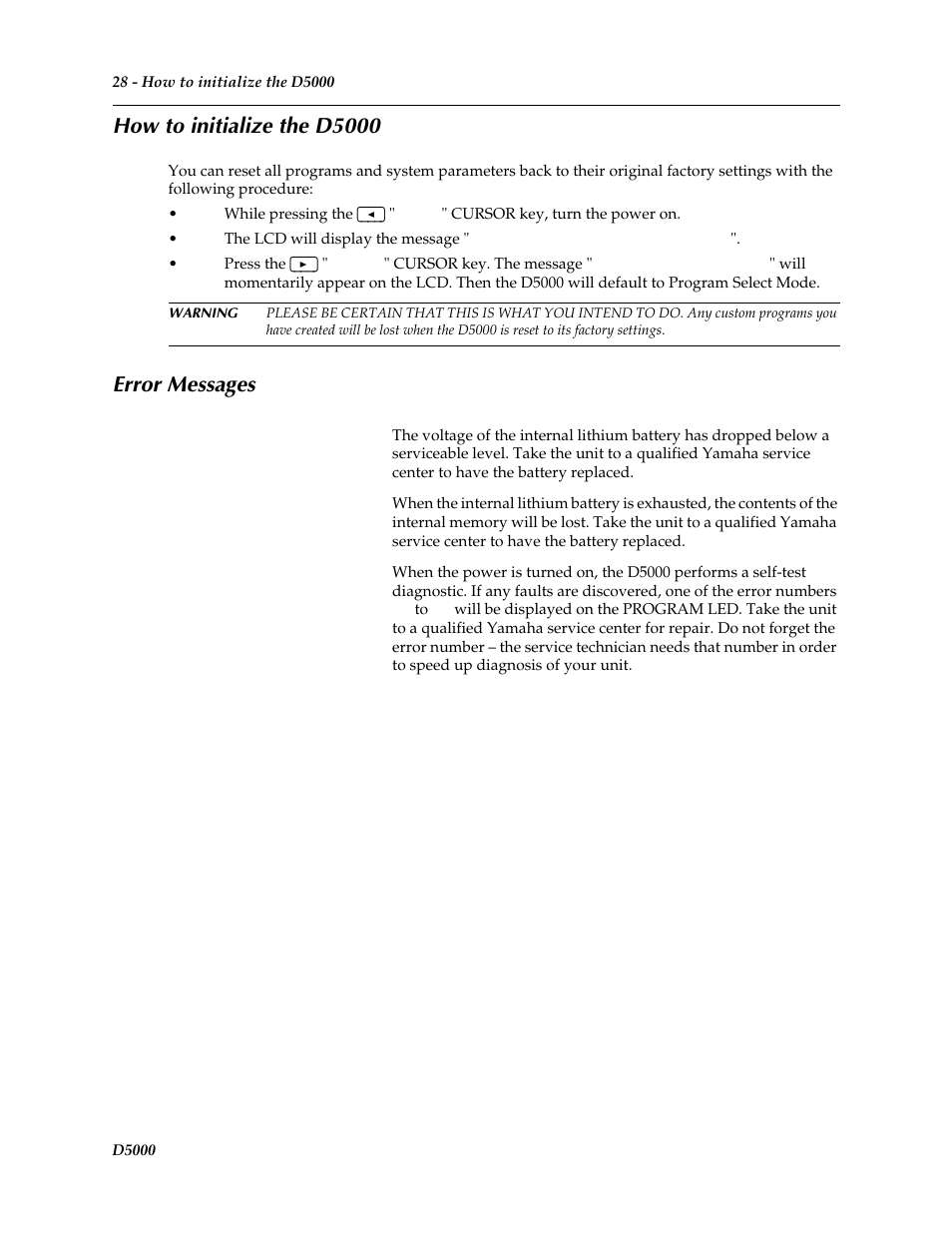 How to initialize the d5000, Error messages | Yamaha D5000 User Manual | Page 30 / 42