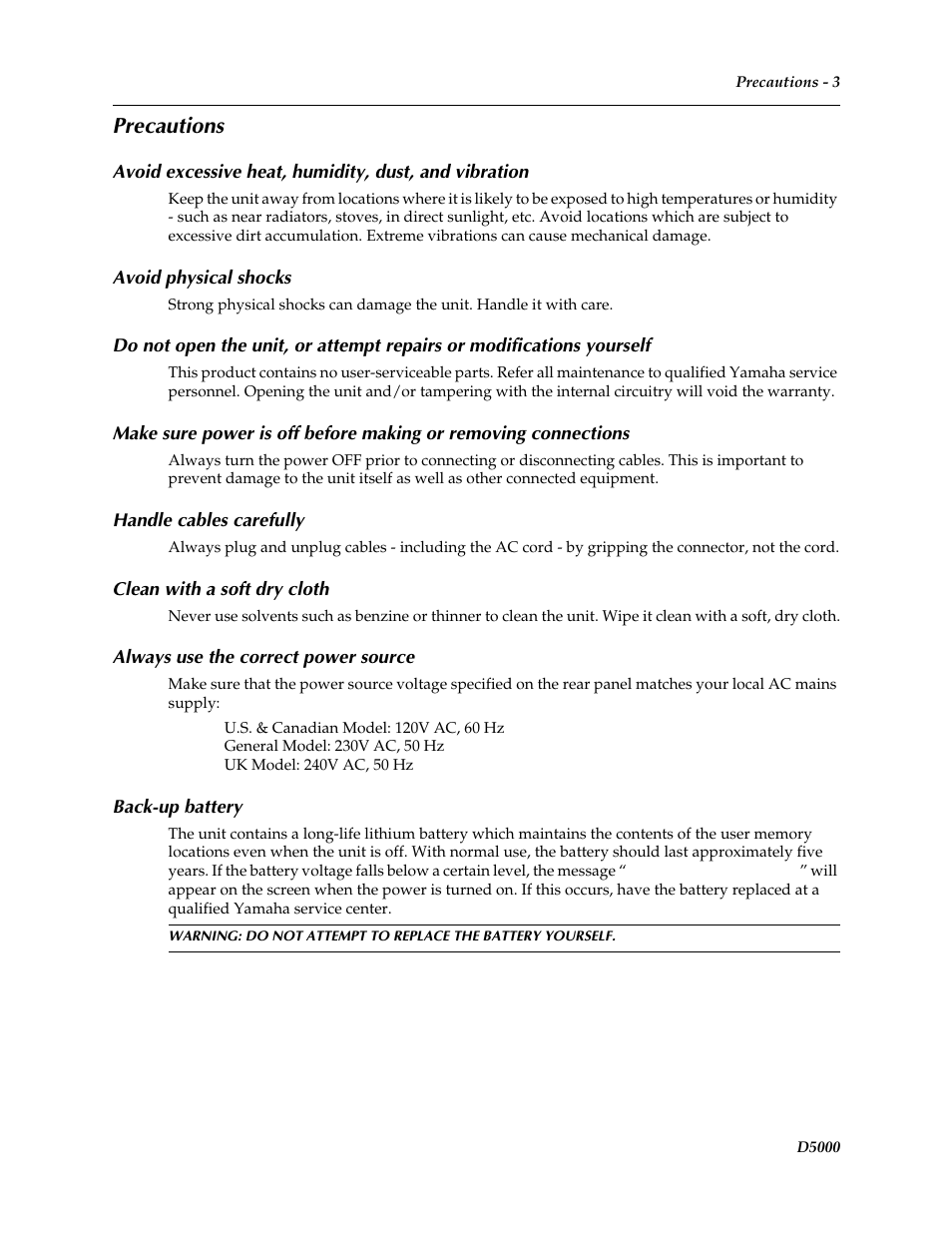 Precautions | Yamaha D5000 User Manual | Page 5 / 42