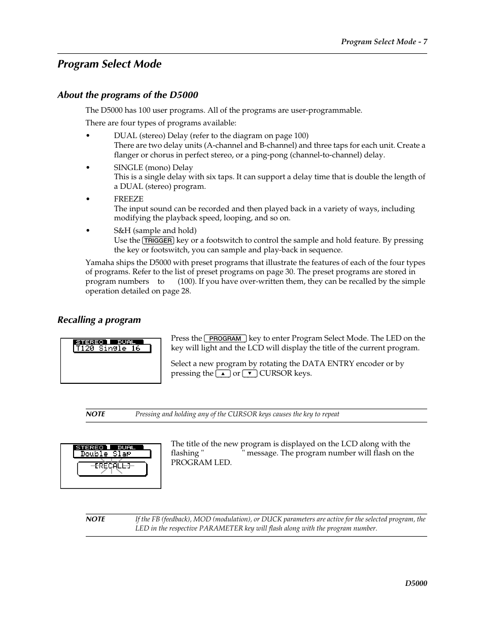 Program select mode, About the programs of the d5000, Recalling a program | Yamaha D5000 User Manual | Page 9 / 42