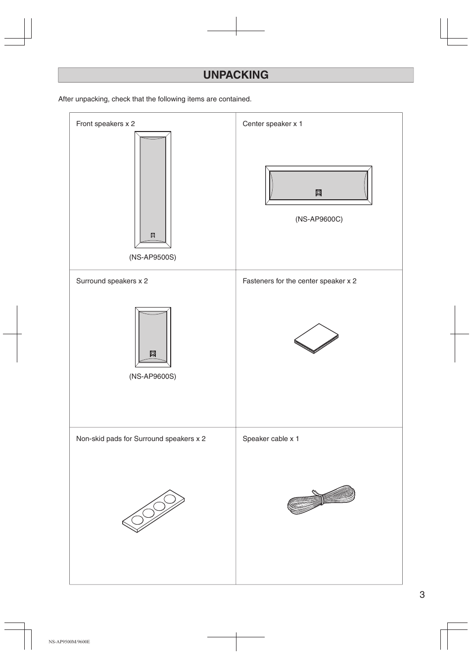 Unpacking | Yamaha NS-AP9500M User Manual | Page 3 / 10