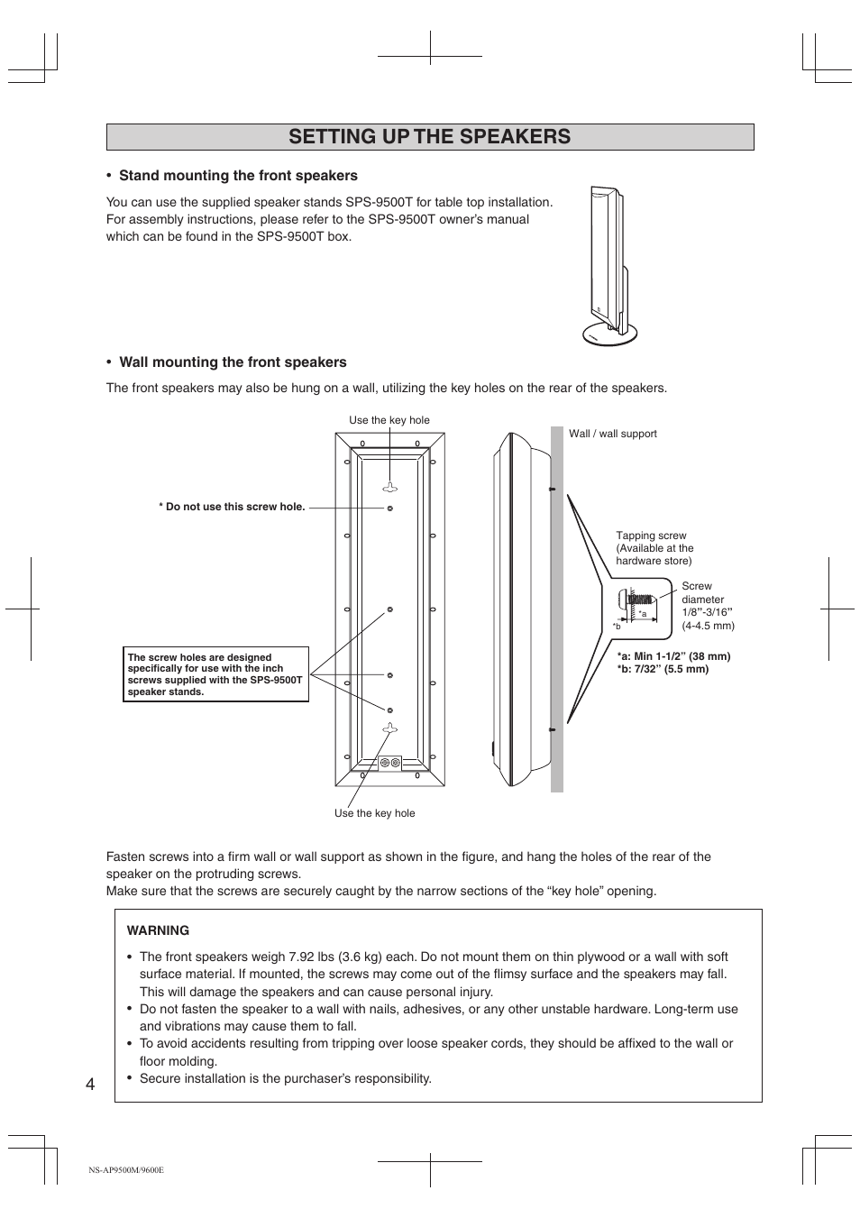 Setting up the speakers, Stand mounting the front speakers, Wall mounting the front speakers | Yamaha NS-AP9500M User Manual | Page 4 / 10