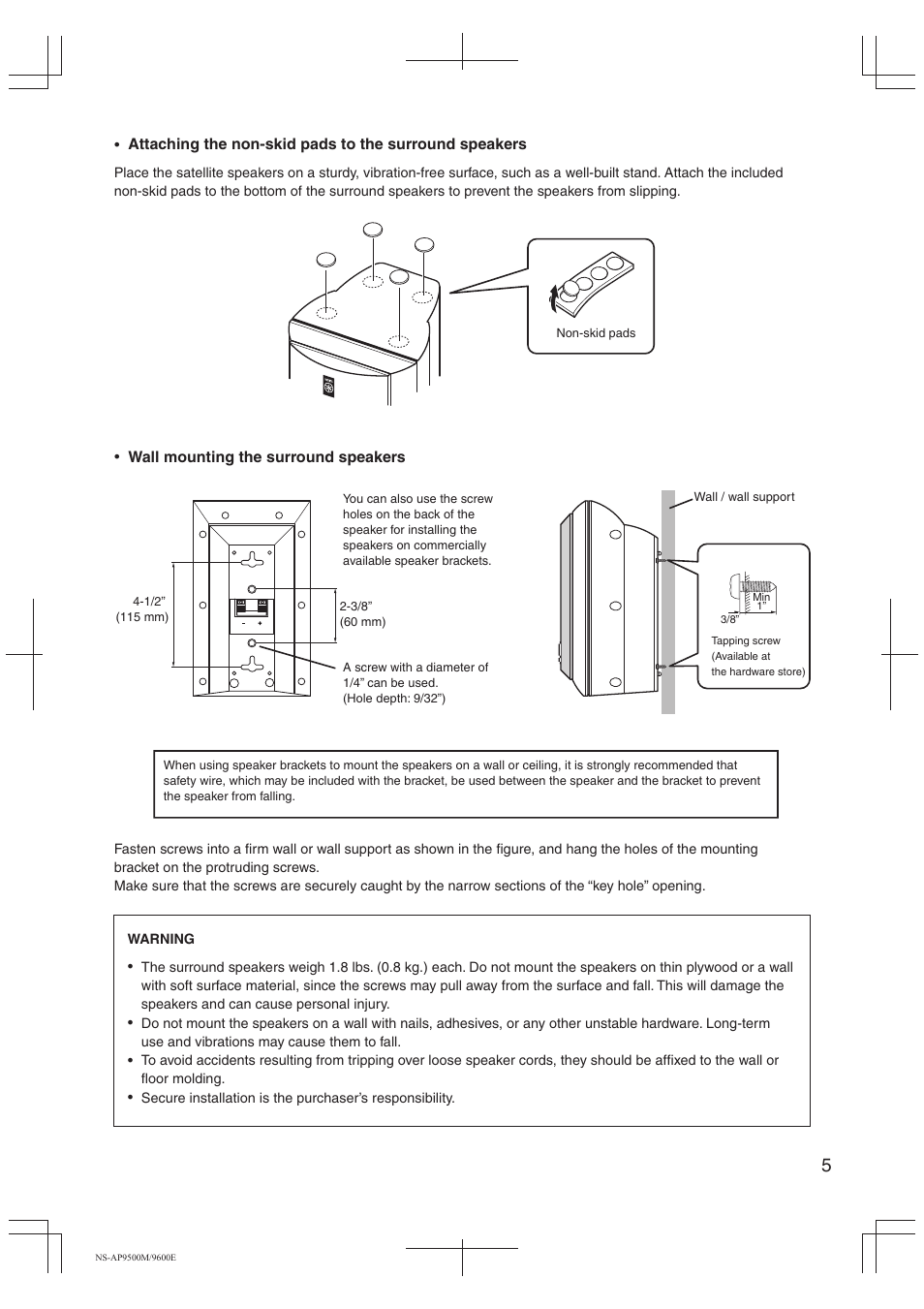 Wall mounting the surround speakers | Yamaha NS-AP9500M User Manual | Page 5 / 10