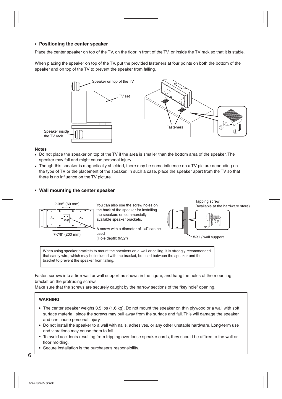 Positioning the center speaker, Wall mounting the center speaker | Yamaha NS-AP9500M User Manual | Page 6 / 10