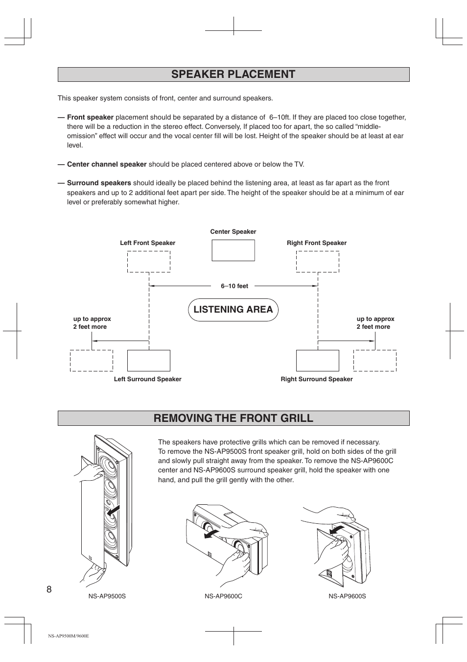 Speaker placement, Removing the front grill, Listening area | Yamaha NS-AP9500M User Manual | Page 8 / 10