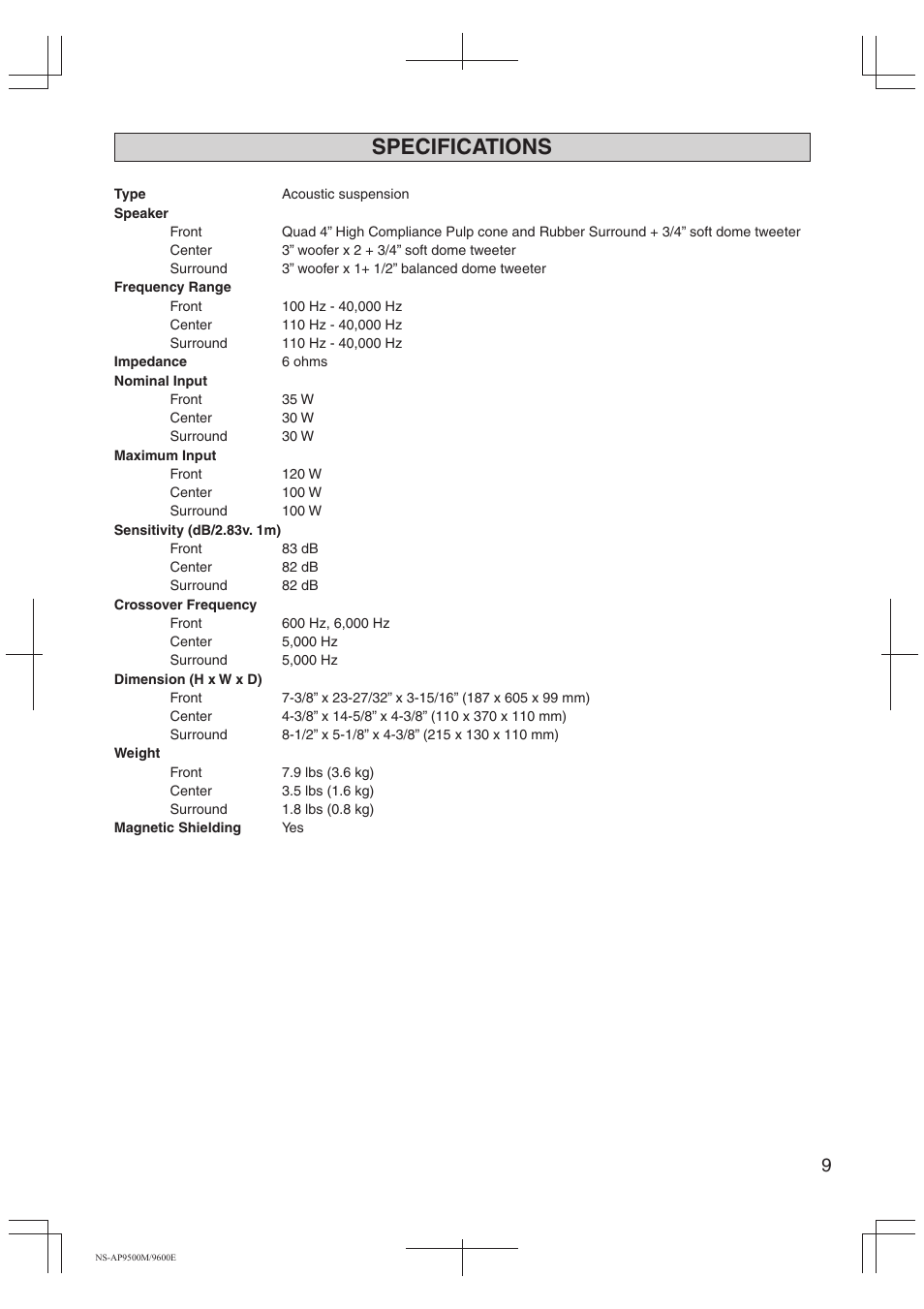 Specifications | Yamaha NS-AP9500M User Manual | Page 9 / 10