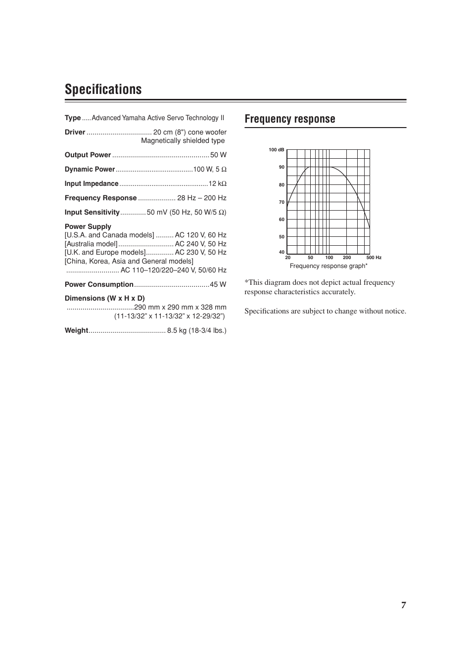 Specifications, Frequency response | Yamaha YST-SW012 User Manual | Page 11 / 12