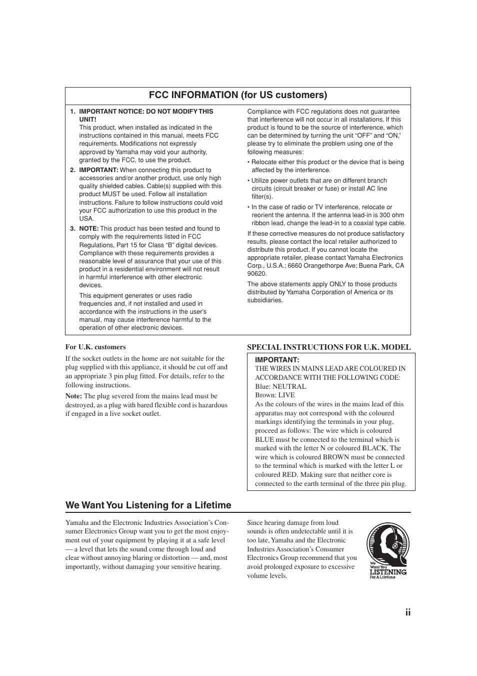 We want you listening for a lifetime, Fcc information (for us customers) | Yamaha YST-SW012 User Manual | Page 3 / 12
