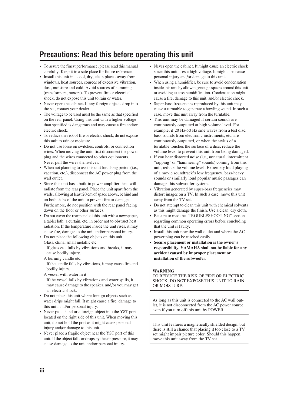 Precautions: read this before operating this unit | Yamaha YST-SW012 User Manual | Page 4 / 12