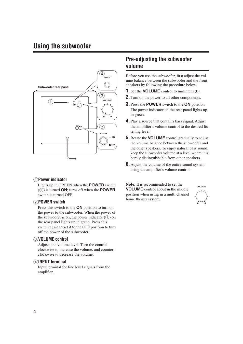 Using the subwoofer, Pre-adjusting the subwoofer volume | Yamaha YST-SW012 User Manual | Page 8 / 12