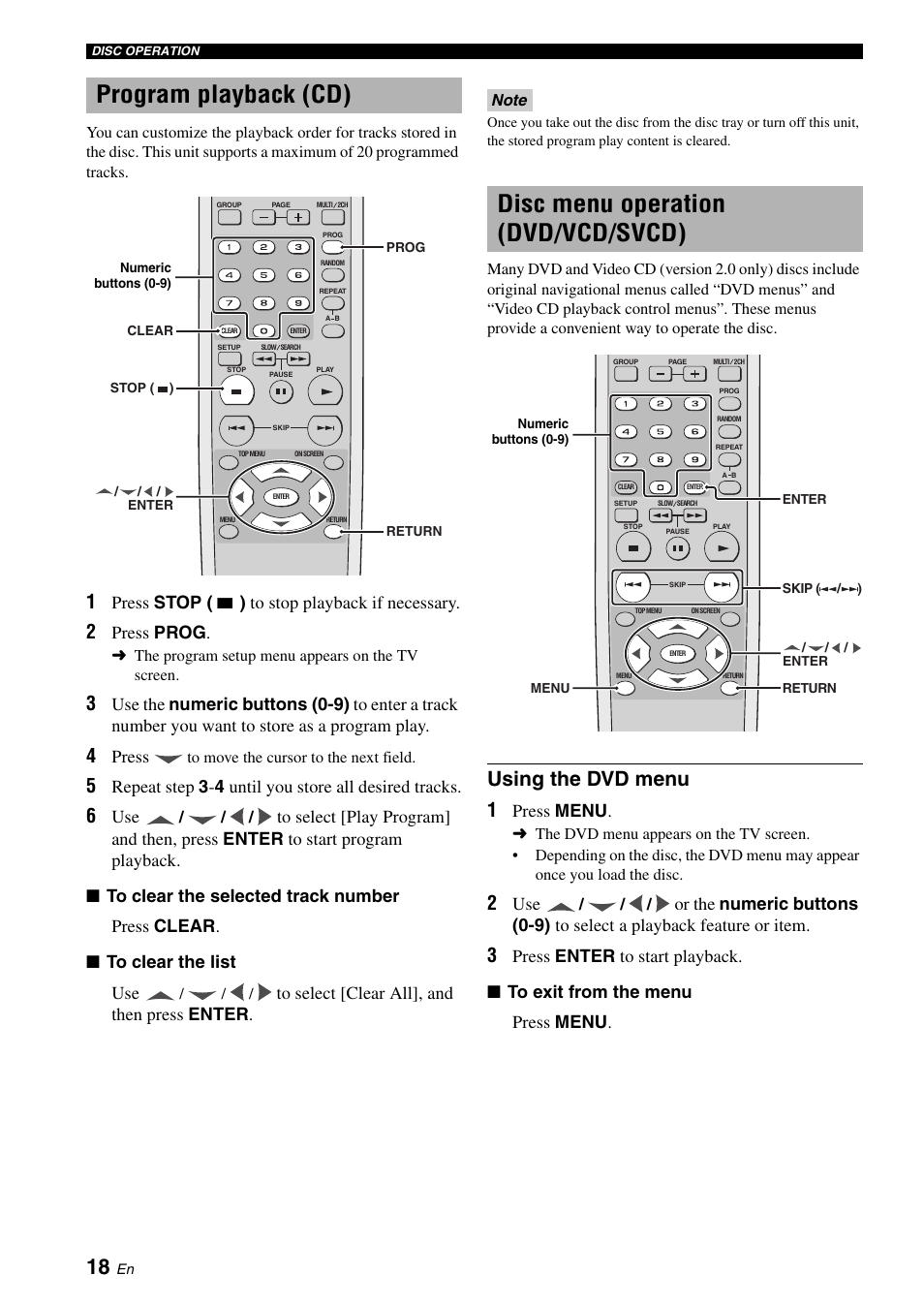 Program playback (cd), Disc menu operation (dvd/vcd/svcd), Using the dvd menu | Press stop, 7 ) to stop playback if necessary, Press prog, Press, Press menu | Yamaha DVD-S1700B User Manual | Page 22 / 47