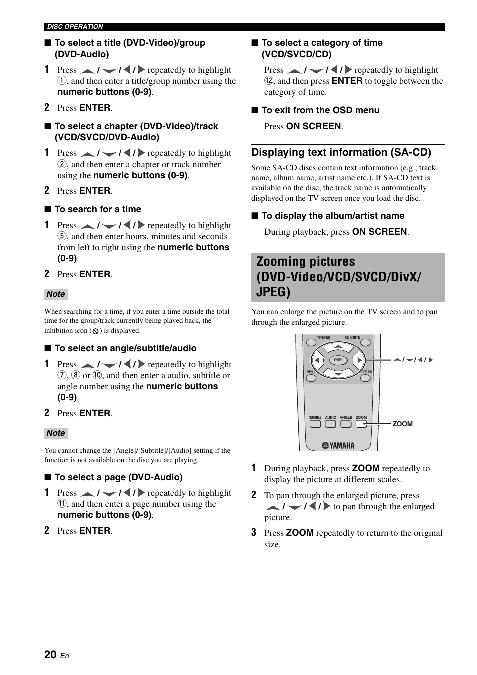 Displaying text information (sa-cd), Zooming pictures (dvd-video/vcd/svcd/divx/ jpeg) | Yamaha DVD-S1700B User Manual | Page 24 / 47