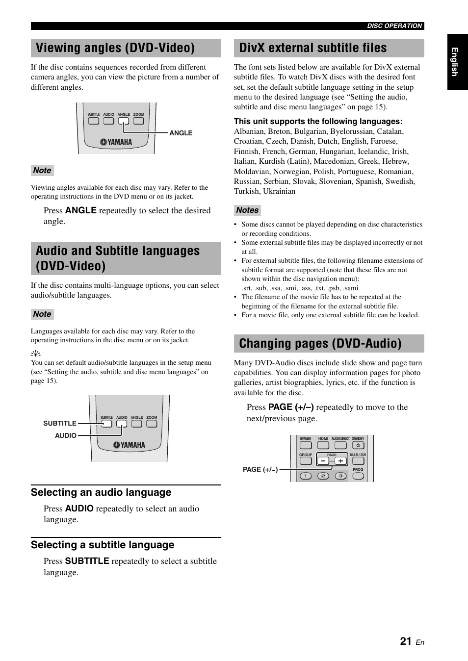 Viewing angles (dvd-video), Audio and subtitle languages (dvd-video), Selecting an audio language | Selecting a subtitle language, Divx external subtitle files, Changing pages (dvd-audio), Press angle repeatedly to select the desired angle, Press audio repeatedly to select an audio language | Yamaha DVD-S1700B User Manual | Page 25 / 47