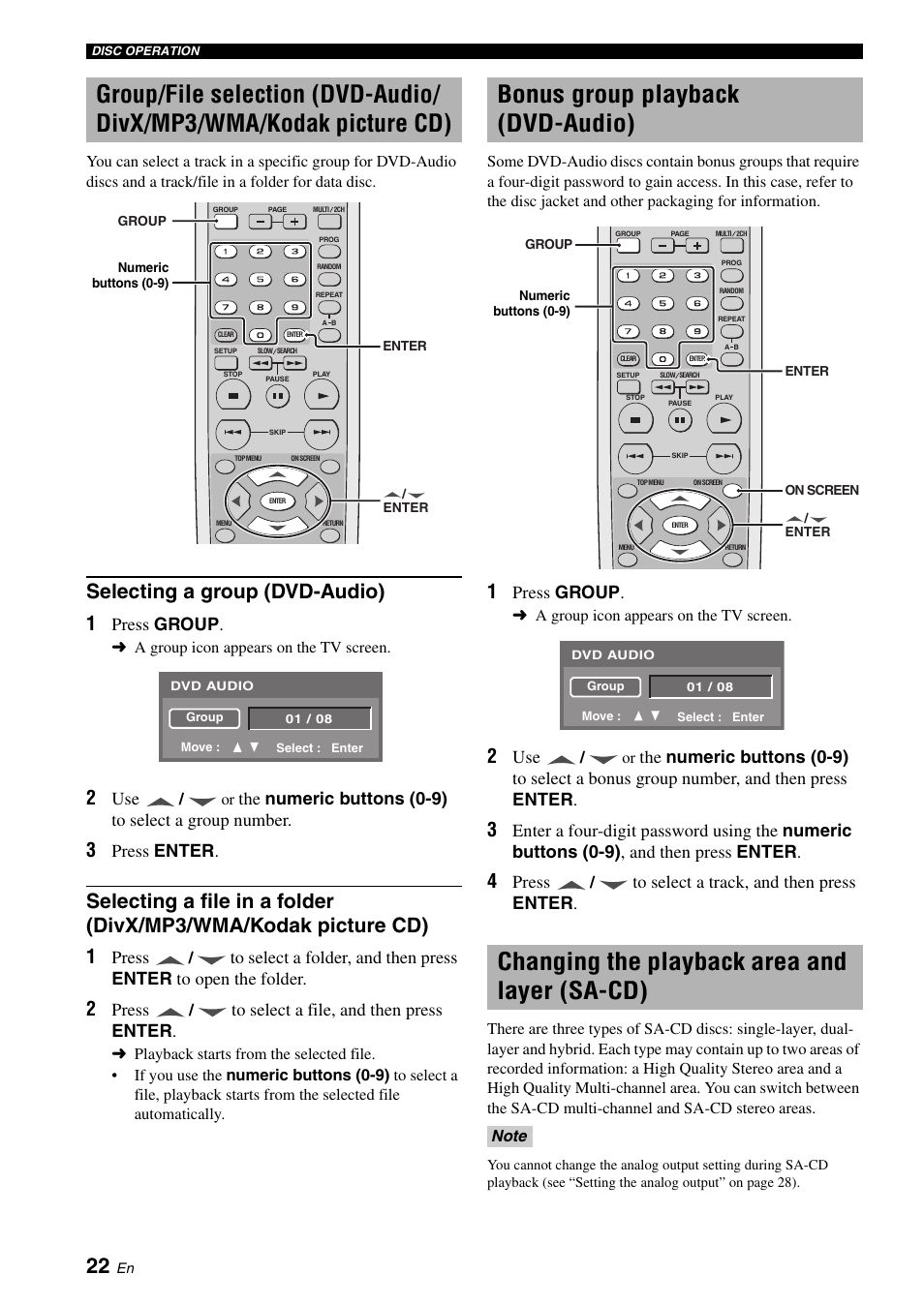 Selecting a group (dvd-audio), Bonus group playback (dvd-audio), Changing the playback area and layer (sa-cd) | Press group, The numeric buttons (0-9) to select a group number, Press enter, Press | Yamaha DVD-S1700B User Manual | Page 26 / 47