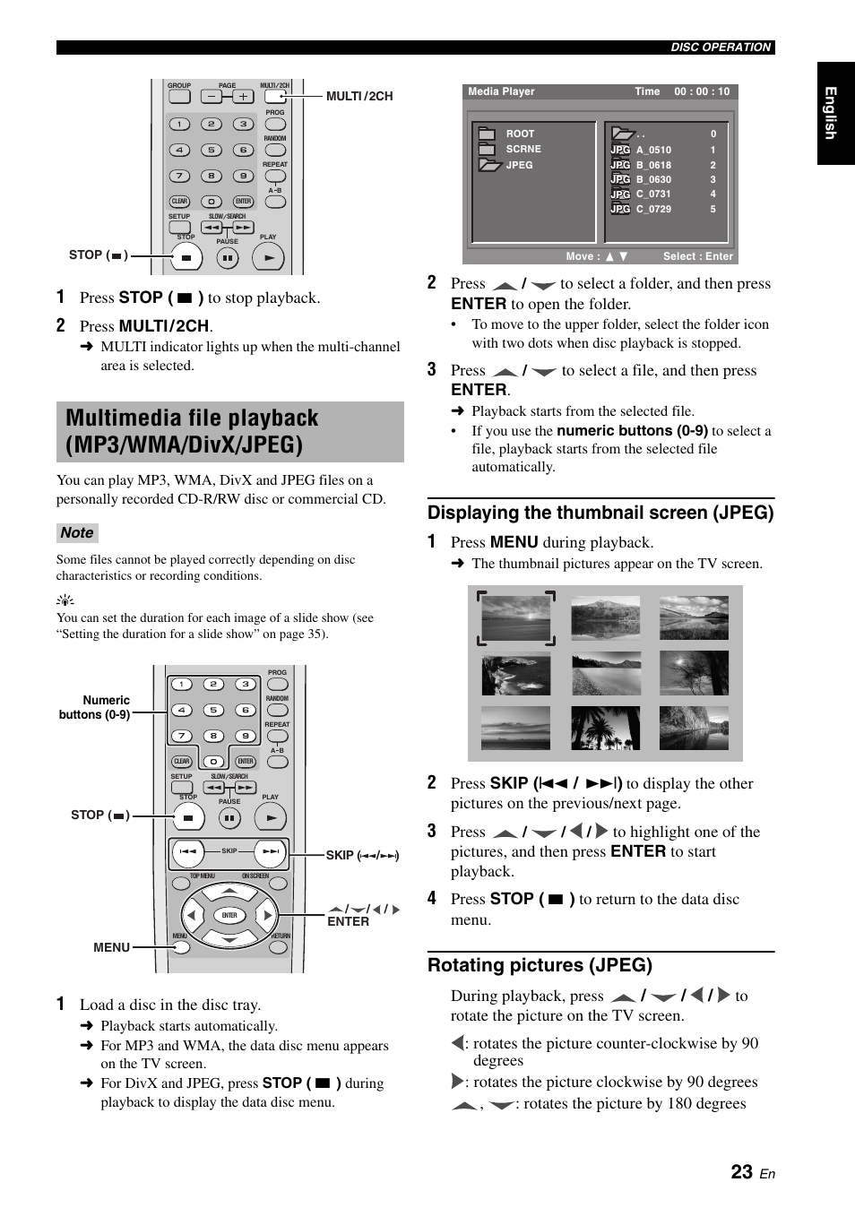 Multimedia file playback (mp3/wma/divx/jpeg), Displaying the thumbnail screen (jpeg), Rotating pictures (jpeg) | Press stop, 7 ) to stop playback, Press multi, Load a disc in the disc tray, Press, Press menu during playback, Press skip ( l 22 / 33l ) | Yamaha DVD-S1700B User Manual | Page 27 / 47