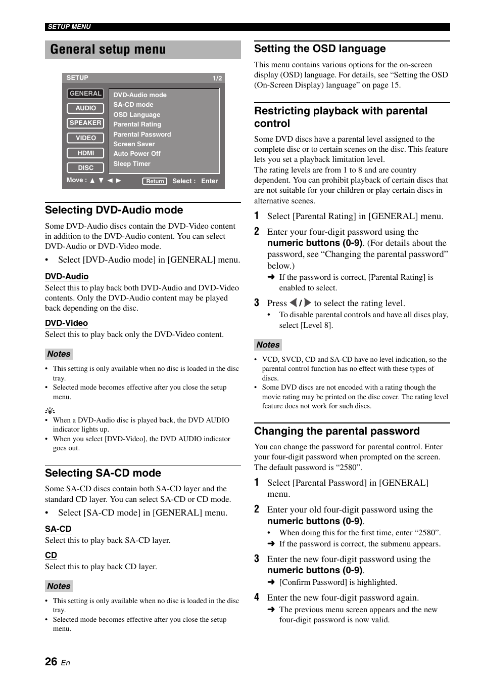 General setup menu, Selecting dvd-audio mode, Selecting sa-cd mode | Setting the osd language, Restricting playback with parental control, Changing the parental password | Yamaha DVD-S1700B User Manual | Page 30 / 47