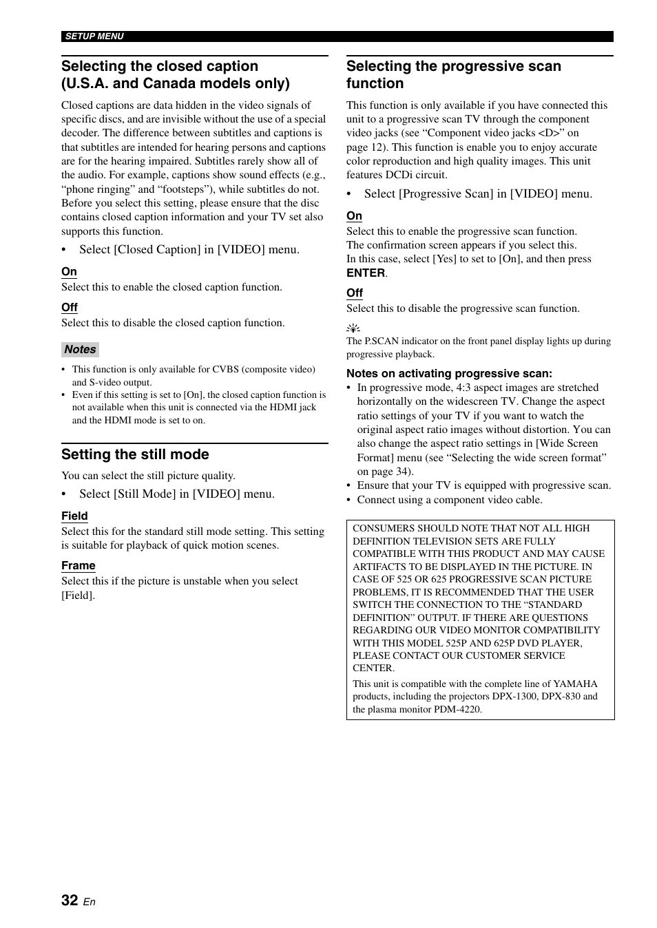 Setting the still mode, Selecting the progressive scan function | Yamaha DVD-S1700B User Manual | Page 36 / 47