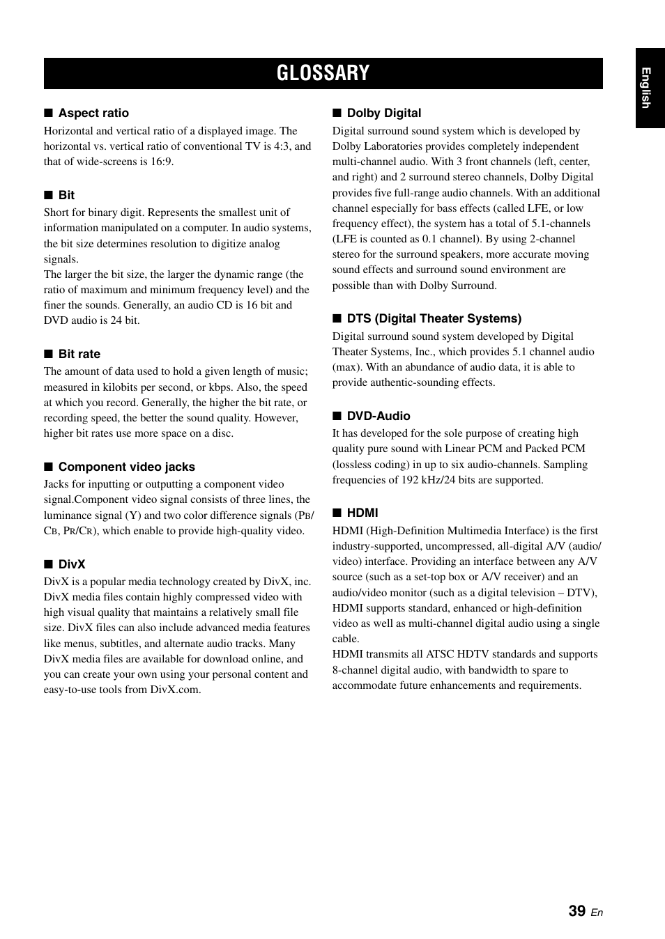 Glossary | Yamaha DVD-S1700B User Manual | Page 43 / 47