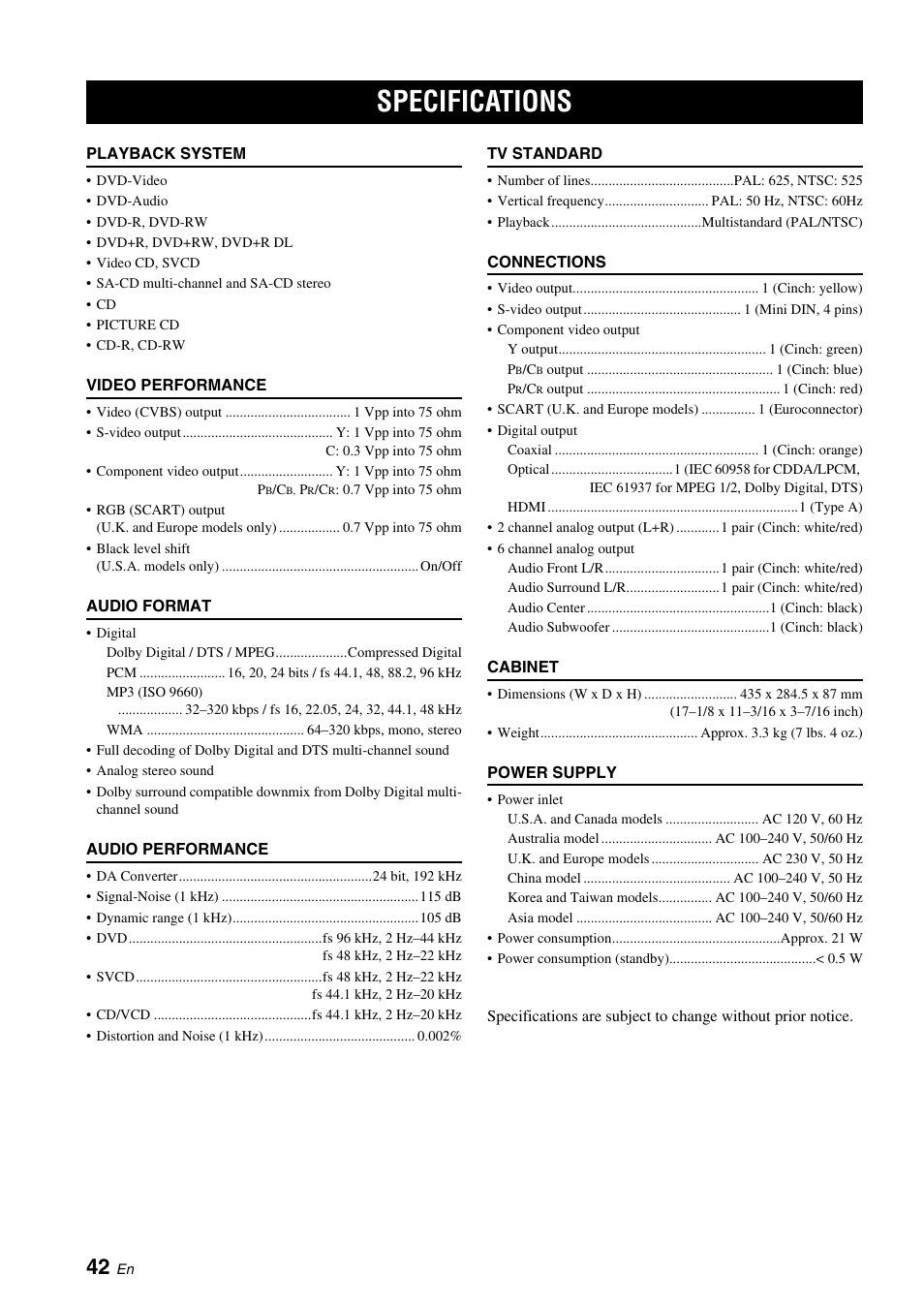 Specifications | Yamaha DVD-S1700B User Manual | Page 46 / 47