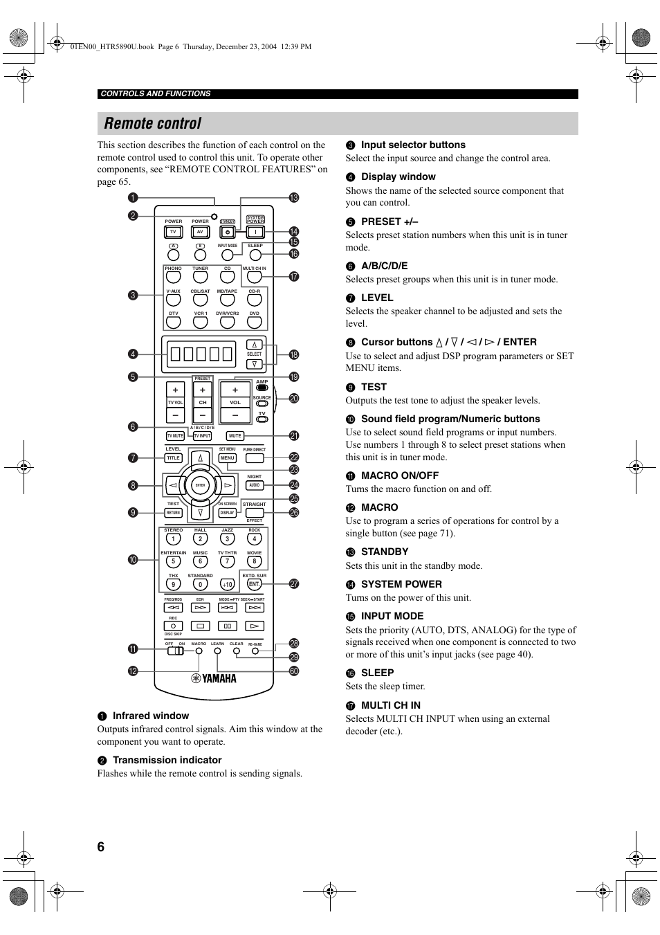 Remote control | Yamaha htr-5890 User Manual | Page 10 / 104