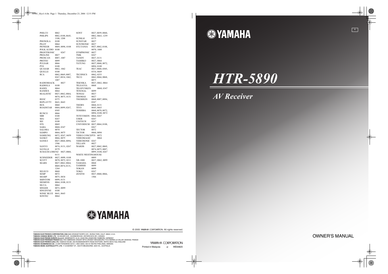 Htr-5890, Av receiver, Owner's manual | Yamaha htr-5890 User Manual | Page 104 / 104