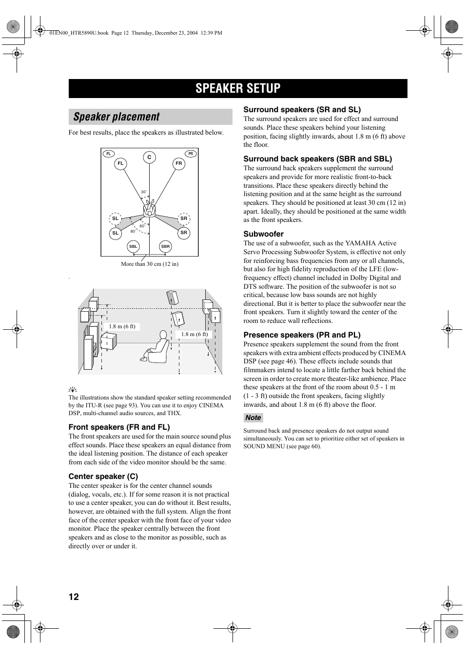 Speaker setup, Speaker placement | Yamaha htr-5890 User Manual | Page 16 / 104
