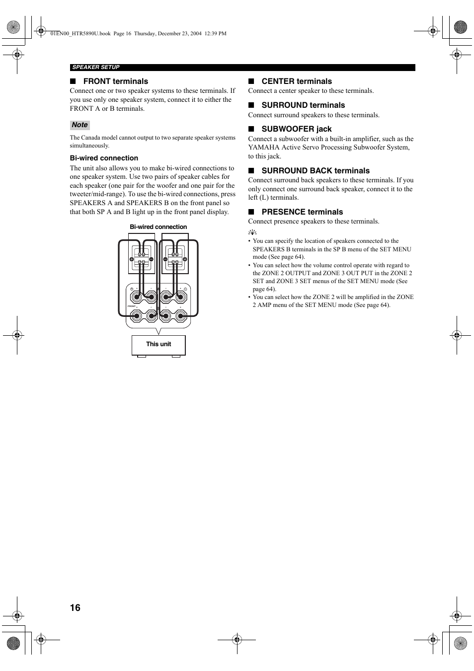 Front terminals, Center terminals, Surround terminals | Subwoofer jack, Surround back terminals, Presence terminals | Yamaha htr-5890 User Manual | Page 20 / 104